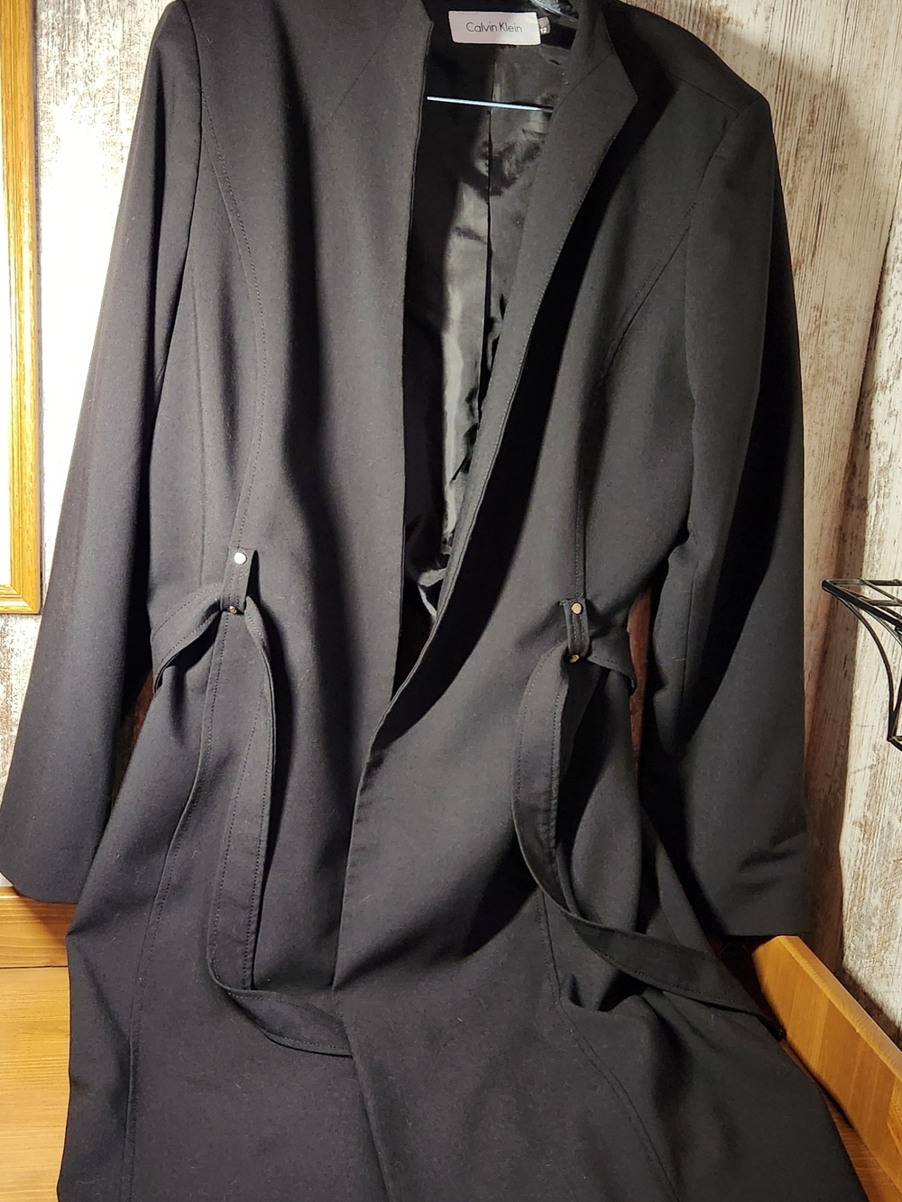 Calvin Klein Womens Black Open Front Belted Mid Length Coat Jacket Blazer Duster